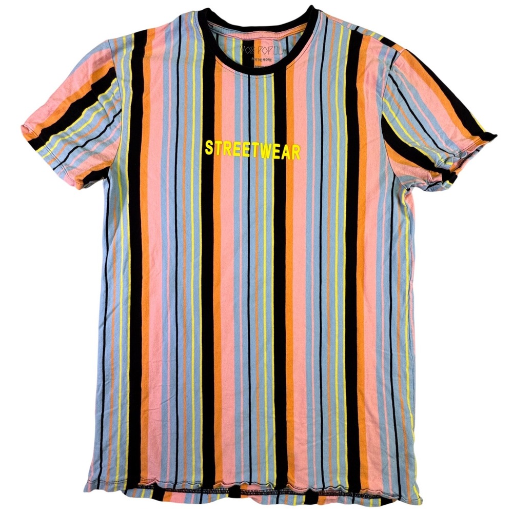 Vox Populi For The People Shirt Men's Medium Streetwear Stripe T-Shirt Pink Blue